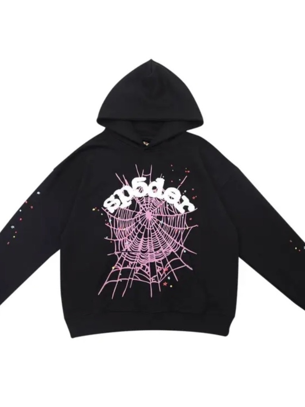 Sp5der Black Hoodie with Web Design and ripped design